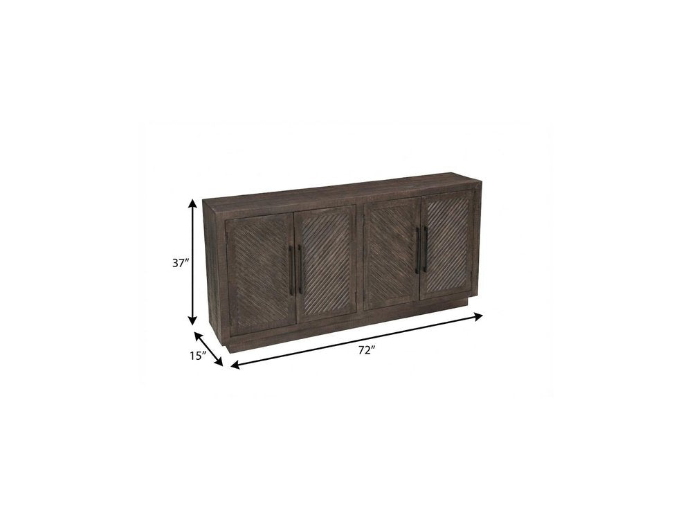 72" Dark Brown Distressed Solid Wood Carved Geometric Sideboard With Four Doors — view 10
