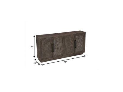 72" Dark Brown Distressed Solid Wood Carved Geometric Sideboard With Four Doors HomeRoots