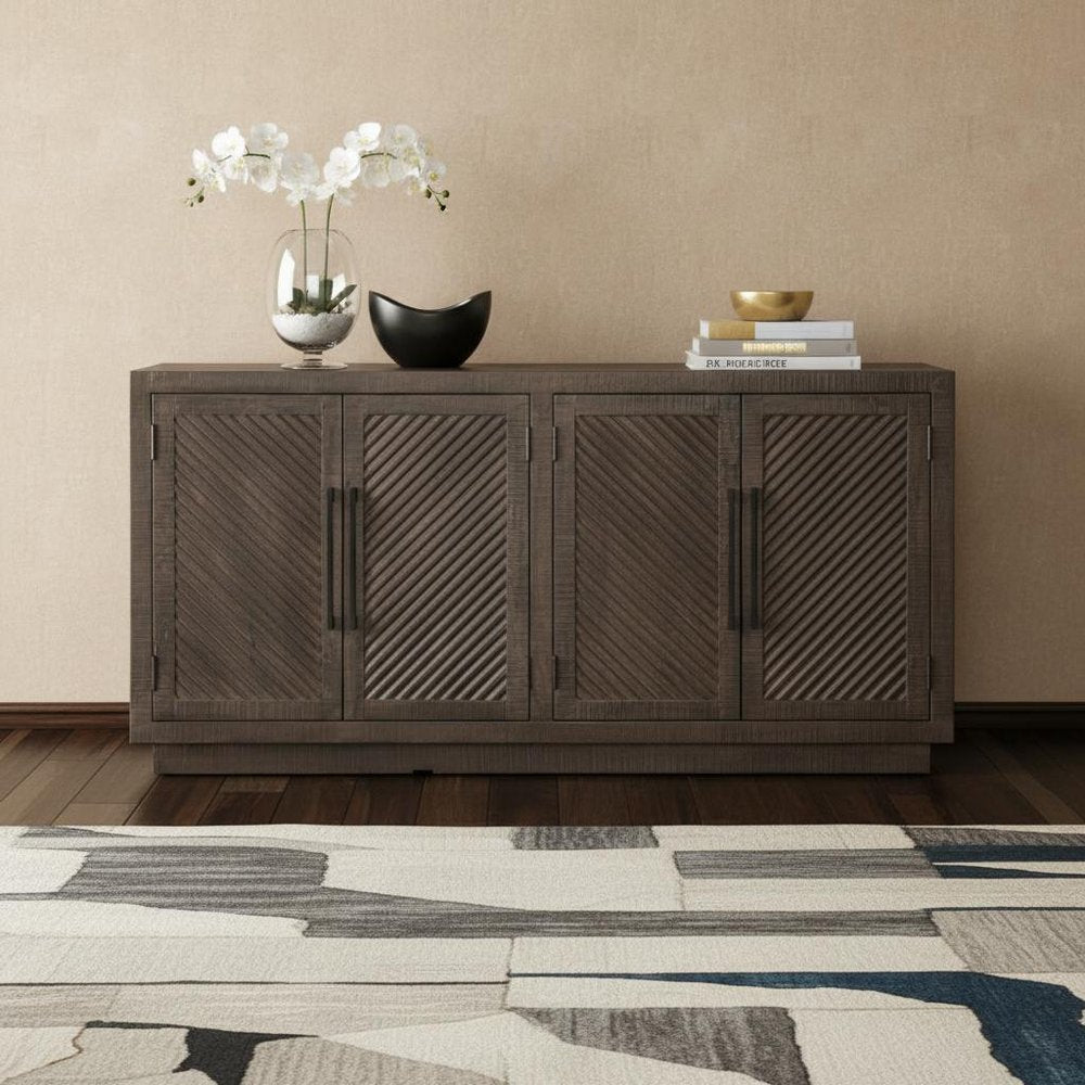 72" Dark Brown Distressed Solid Wood Carved Geometric Sideboard With Four Doors — view 1