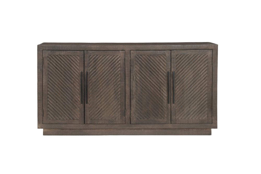 72" Dark Brown Distressed Solid Wood Carved Geometric Sideboard With Four Doors HomeRoots