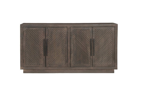 72" Dark Brown Distressed Solid Wood Carved Geometric Sideboard With Four Doors