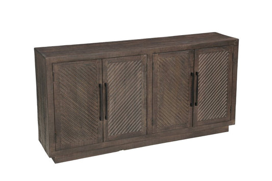 72" Dark Brown Distressed Solid Wood Carved Geometric Sideboard With Four Doors