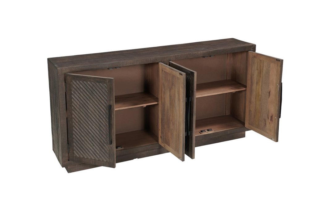 72" Dark Brown Distressed Solid Wood Carved Geometric Sideboard With Four Doors — view 3