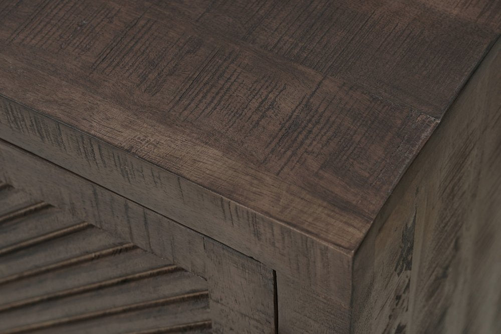 72" Dark Brown Distressed Solid Wood Carved Geometric Sideboard With Four Doors HomeRoots