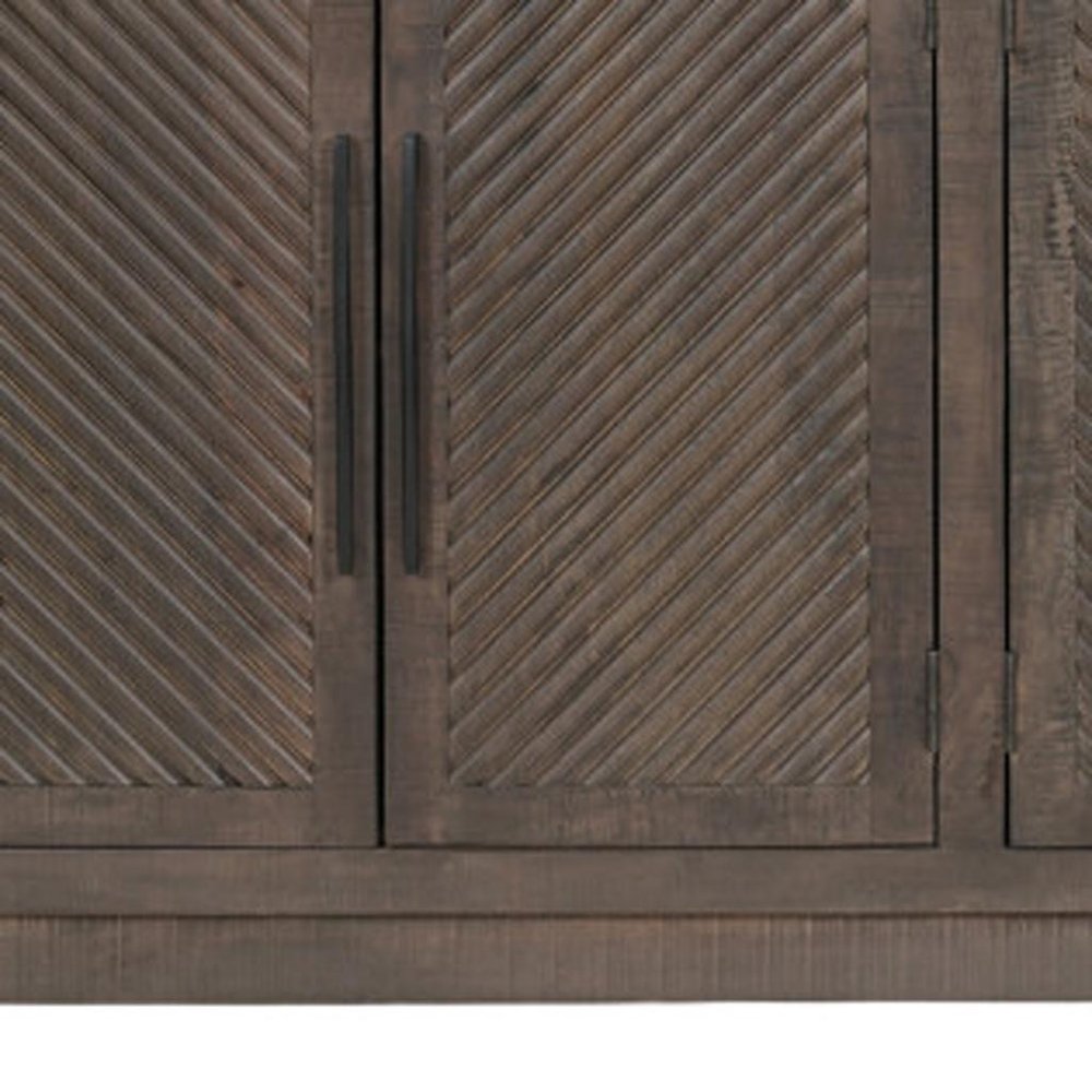 72" Dark Brown Distressed Solid Wood Carved Geometric Sideboard With Four Doors — view 6