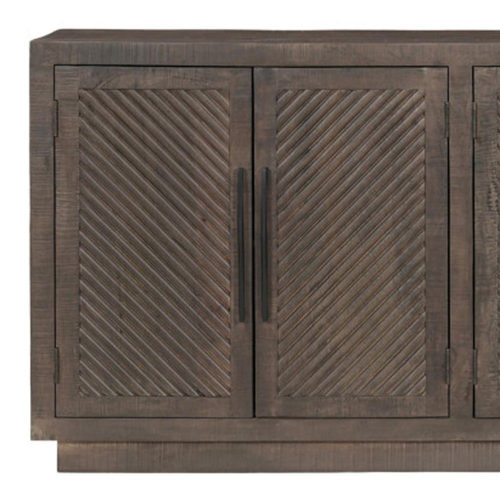 72" Dark Brown Distressed Solid Wood Carved Geometric Sideboard With Four Doors HomeRoots