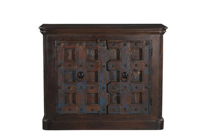 49" Dark Brown And Blue Distressed Solid Wood Carved Geometric Sideboard With Two Doors HomeRoots