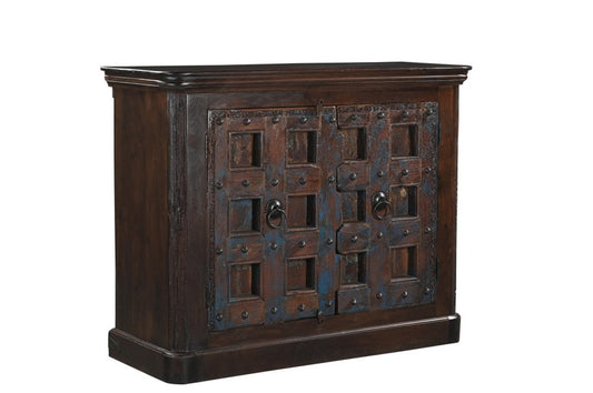 49" Dark Brown And Blue Distressed Solid Wood Carved Geometric Sideboard With Two Doors