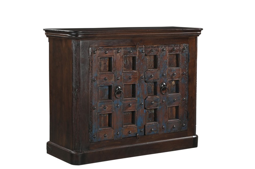 49" Dark Brown And Blue Distressed Solid Wood Carved Geometric Sideboard With Two Doors HomeRoots