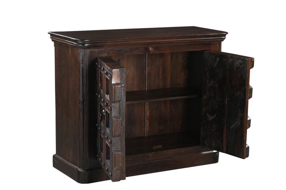 49" Dark Brown And Blue Distressed Solid Wood Carved Geometric Sideboard With Two Doors HomeRoots