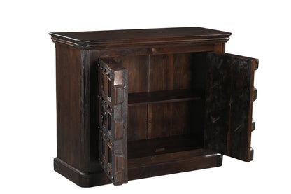49" Dark Brown And Blue Distressed Solid Wood Carved Geometric Sideboard With Two Doors HomeRoots