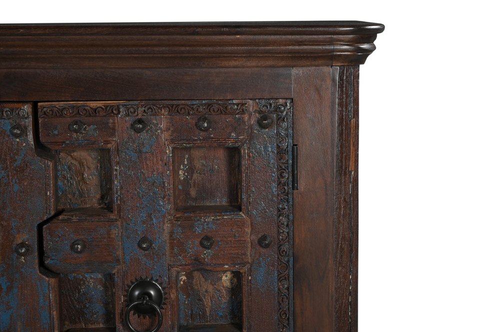 49" Dark Brown And Blue Distressed Solid Wood Carved Geometric Sideboard With Two Doors HomeRoots
