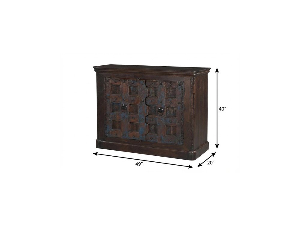 49" Dark Brown And Blue Distressed Solid Wood Carved Geometric Sideboard With Two Doors HomeRoots