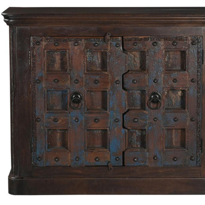 49" Dark Brown And Blue Distressed Solid Wood Carved Geometric Sideboard With Two Doors HomeRoots