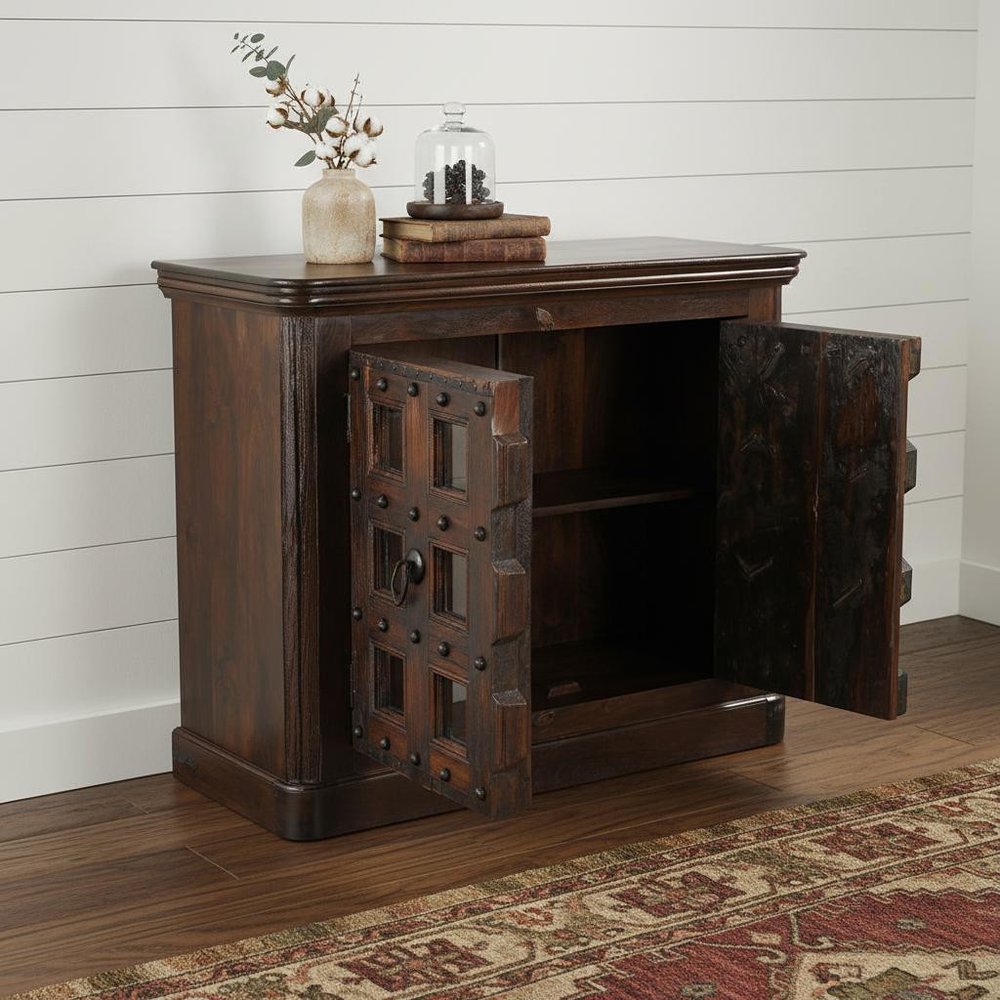 49" Dark Brown And Blue Distressed Solid Wood Carved Geometric Sideboard With Two Doors — view 1