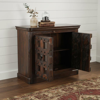 49" Dark Brown And Blue Distressed Solid Wood Carved Geometric Sideboard With Two Doors HomeRoots