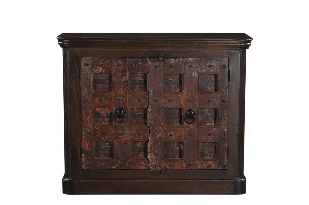 49" Dark Brown And Rust Distressed Solid Wood Carved Geometric Sideboard With Two Doors — view 1