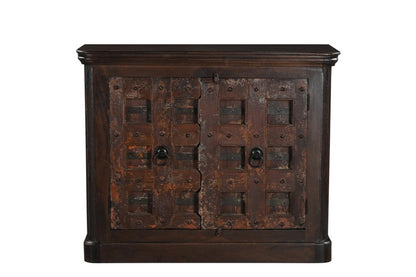 49" Dark Brown And Rust Distressed Solid Wood Carved Geometric Sideboard With Two Doors