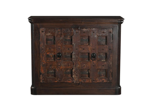 49" Dark Brown And Rust Distressed Solid Wood Carved Geometric Sideboard With Two Doors