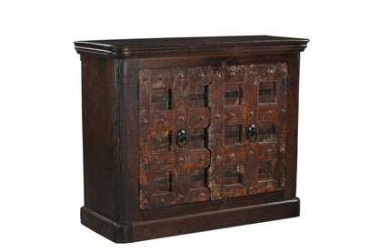 49" Dark Brown And Rust Distressed Solid Wood Carved Geometric Sideboard With Two Doors