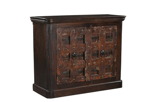 49" Dark Brown And Rust Distressed Solid Wood Carved Geometric Sideboard With Two Doors