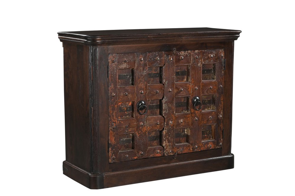 49" Dark Brown And Rust Distressed Solid Wood Carved Geometric Sideboard With Two Doors HomeRoots