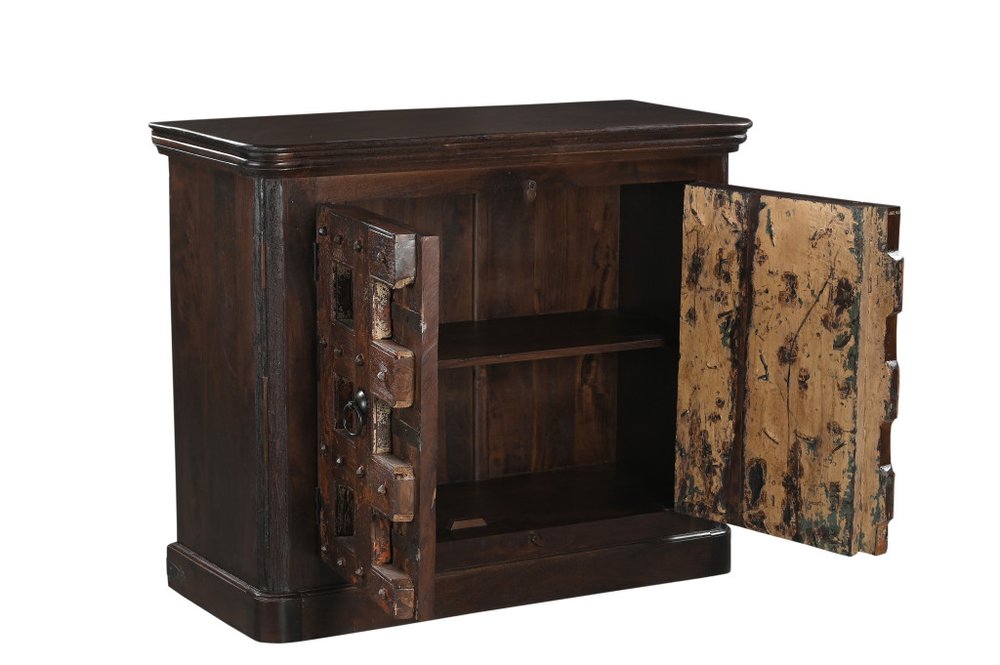 49" Dark Brown And Rust Distressed Solid Wood Carved Geometric Sideboard With Two Doors HomeRoots