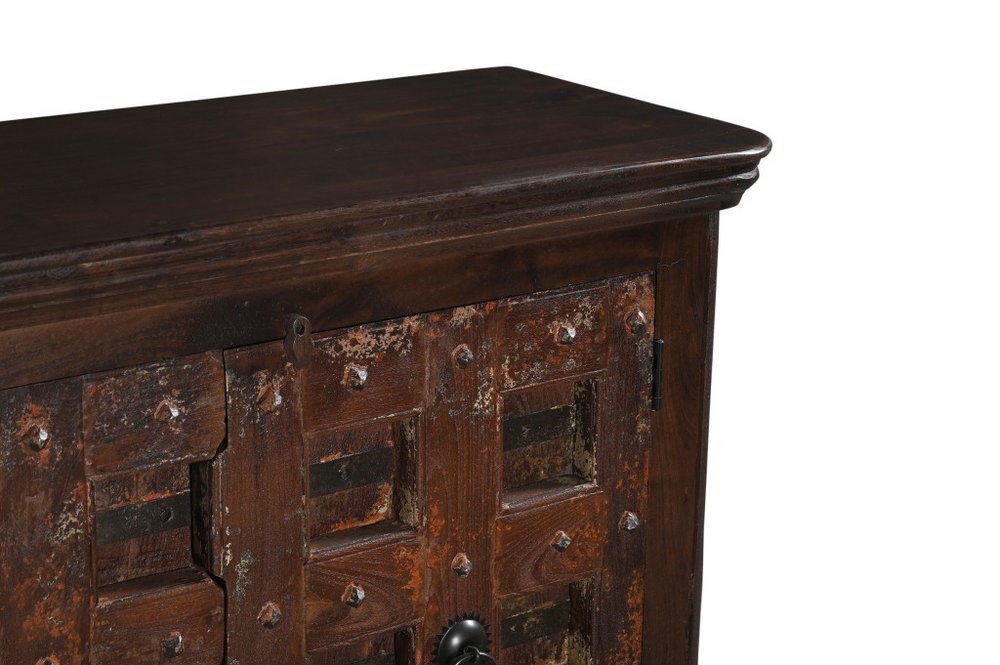 49" Dark Brown And Rust Distressed Solid Wood Carved Geometric Sideboard With Two Doors HomeRoots