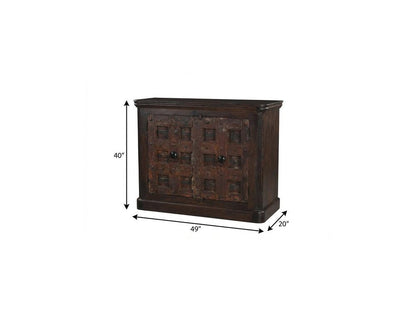 49" Dark Brown And Rust Distressed Solid Wood Carved Geometric Sideboard With Two Doors HomeRoots