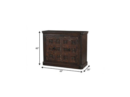 49" Dark Brown And Rust Distressed Solid Wood Carved Geometric Sideboard With Two Doors
