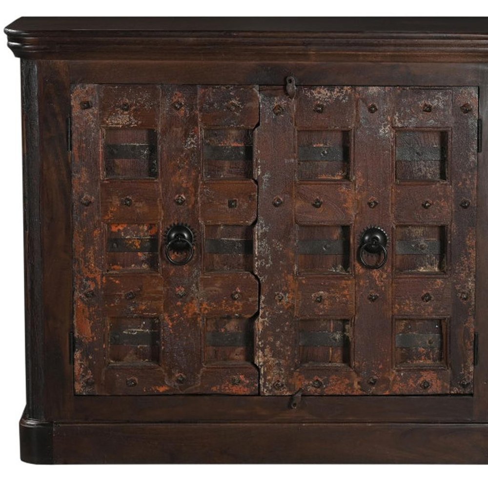 49" Dark Brown And Rust Distressed Solid Wood Carved Geometric Sideboard With Two Doors