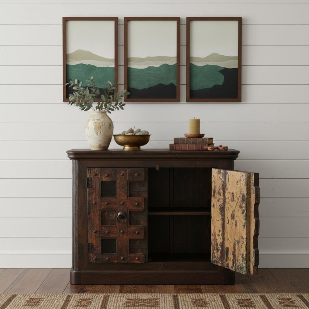 49" Dark Brown And Rust Distressed Solid Wood Carved Geometric Sideboard With Two Doors — view 7