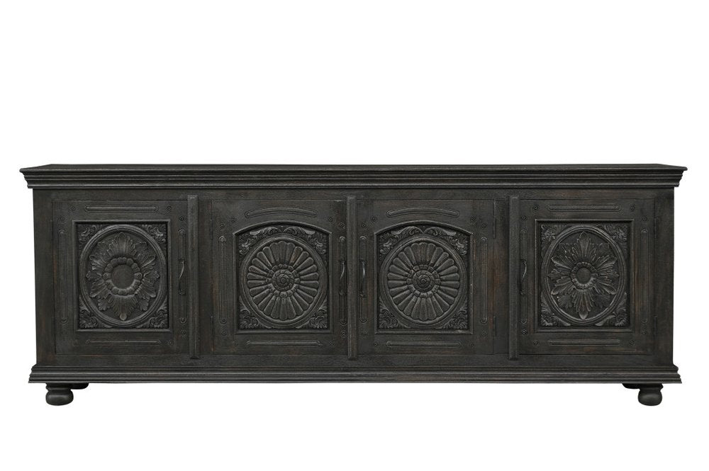 102" Black Distressed Solid Wood Carved Floral Sideboard With Four Doors HomeRoots