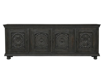 102" Black Distressed Solid Wood Carved Floral Sideboard With Four Doors HomeRoots
