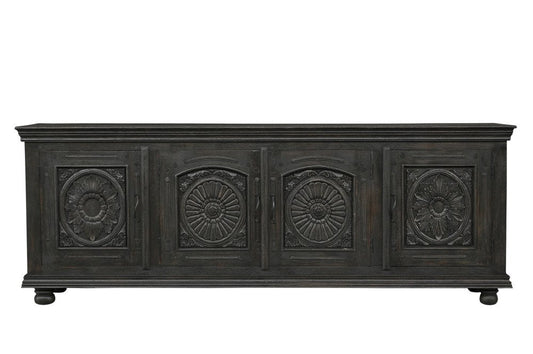 102" Black Distressed Solid Wood Carved Floral Sideboard With Four Doors