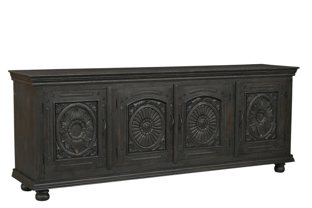 102" Black Distressed Solid Wood Carved Floral Sideboard With Four Doors
