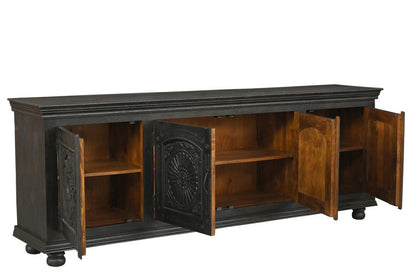 102" Black Distressed Solid Wood Carved Floral Sideboard With Four Doors HomeRoots