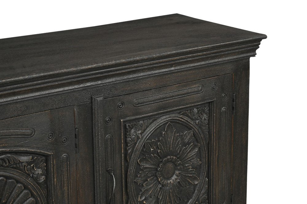 102" Black Distressed Solid Wood Carved Floral Sideboard With Four Doors — view 6