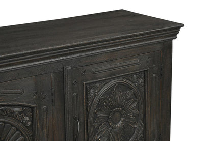 102" Black Distressed Solid Wood Carved Floral Sideboard With Four Doors