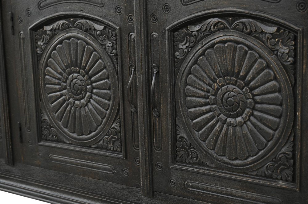 102" Black Distressed Solid Wood Carved Floral Sideboard With Four Doors — view 8