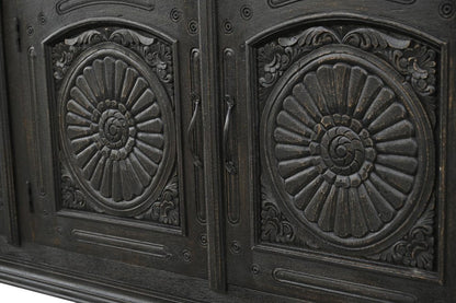 102" Black Distressed Solid Wood Carved Floral Sideboard With Four Doors
