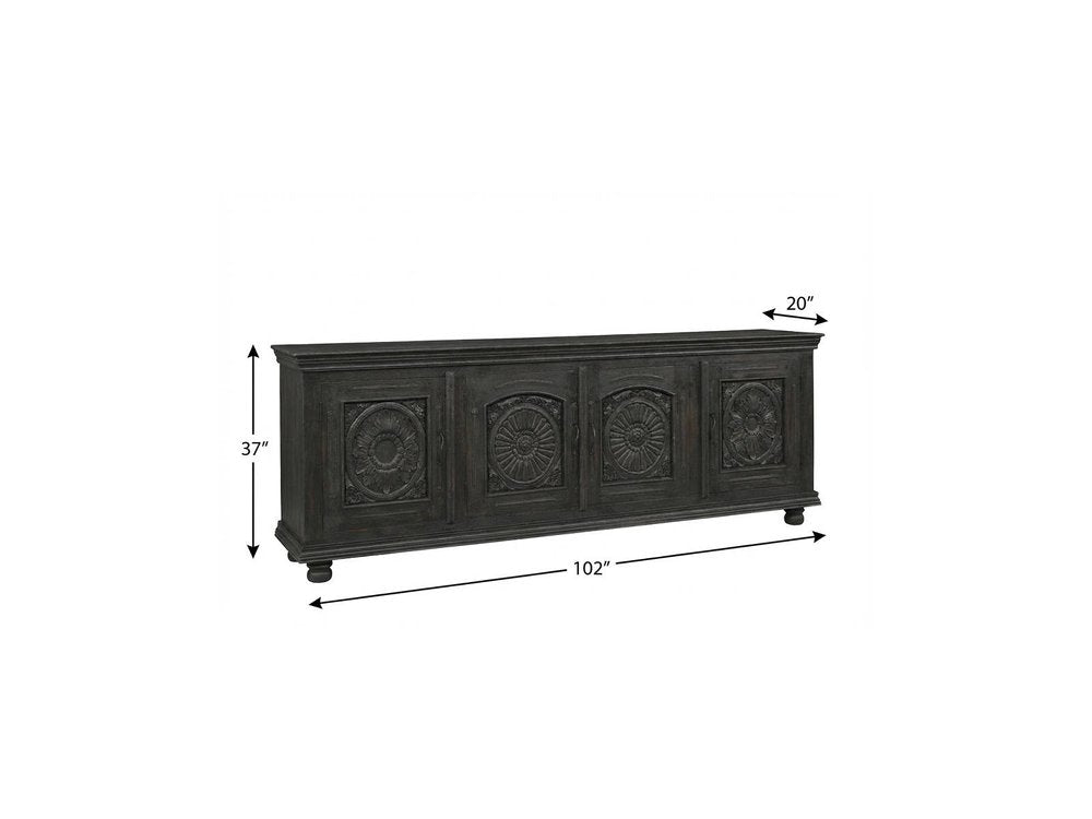 102" Black Distressed Solid Wood Carved Floral Sideboard With Four Doors