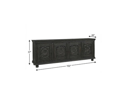 102" Black Distressed Solid Wood Carved Floral Sideboard With Four Doors HomeRoots