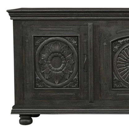 102" Black Distressed Solid Wood Carved Floral Sideboard With Four Doors HomeRoots