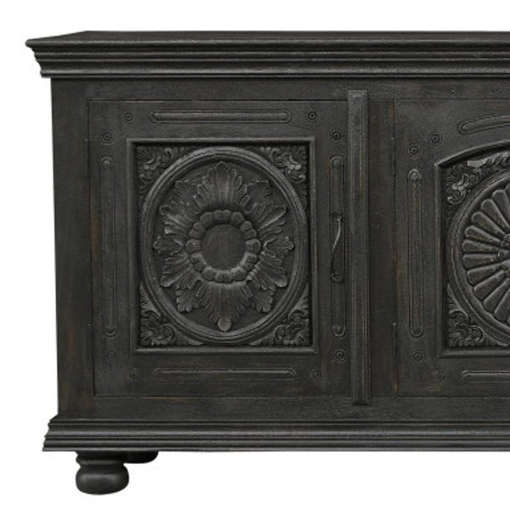 102" Black Distressed Solid Wood Carved Floral Sideboard With Four Doors