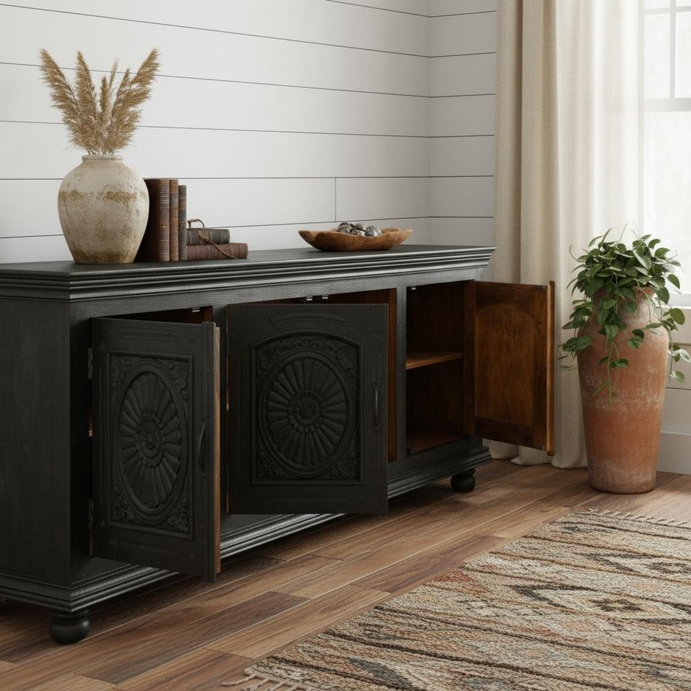 102" Black Distressed Solid Wood Carved Floral Sideboard With Four Doors — view 1