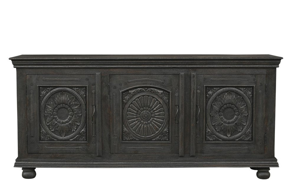 81" Black Distressed Solid Wood Carved Floral Sideboard With Three Doors — view 2