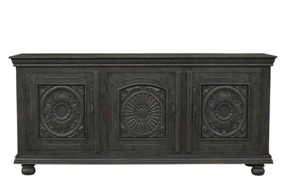 81" Black Distressed Solid Wood Carved Floral Sideboard With Three Doors