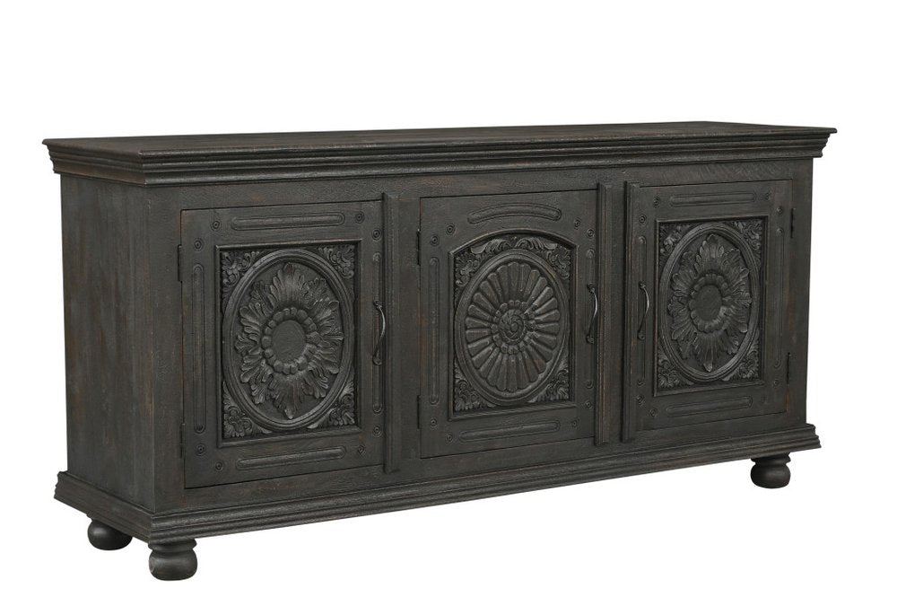 81" Black Distressed Solid Wood Carved Floral Sideboard With Three Doors — view 2