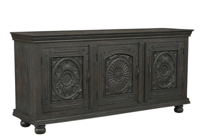 81" Black Distressed Solid Wood Carved Floral Sideboard With Three Doors
